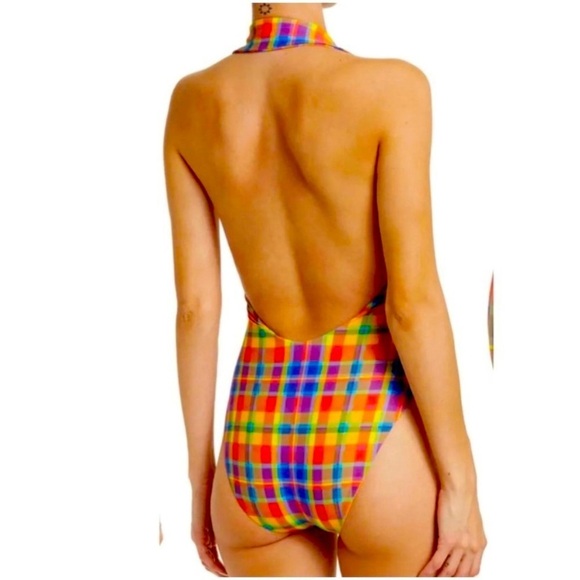 We Wore What Plaid Halter Plunging Multi Color One Piece Swim Suit. Sz XS/TP - Picture 10 of 10